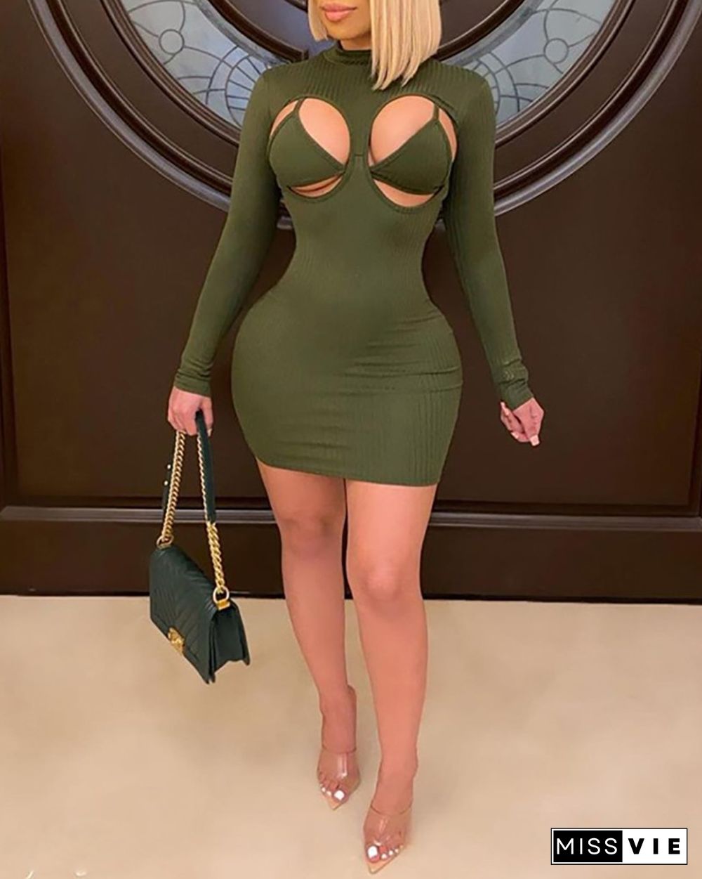 Cutout Front Long Sleeve Bodycon Dress