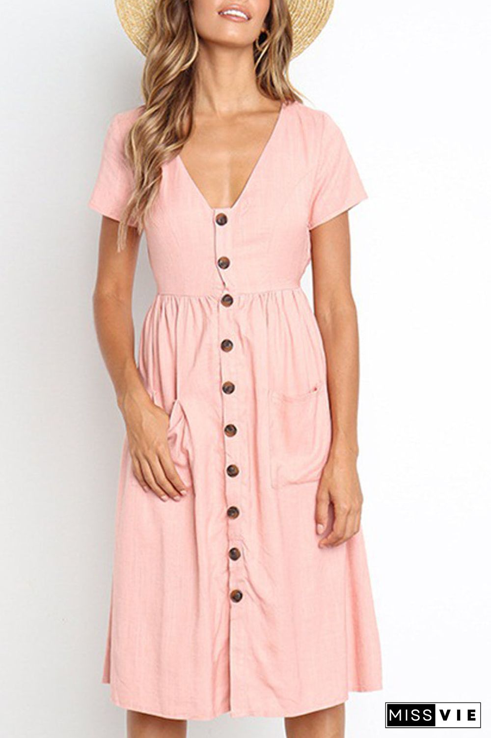 V-Neck Button Pocket Short Sleeve Midi Dress