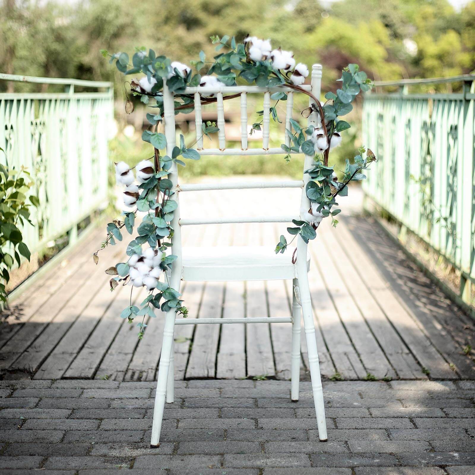 Green Artificial Eucalyptus Leaf, White Cotton Ball Garland Vine 5ft