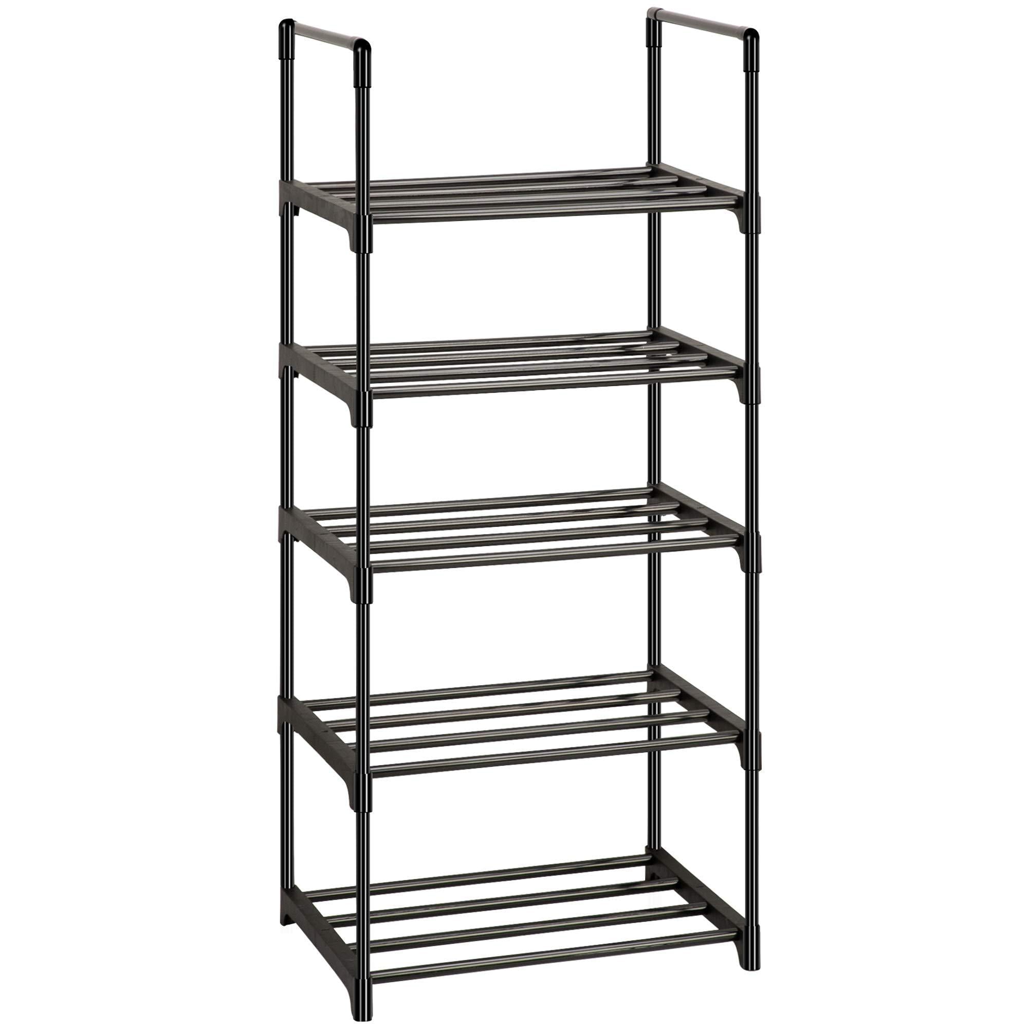 OYREL 5-Tier Stackable and Adjustable Shoe Rack， Sturdy Metal and Plastic， Black