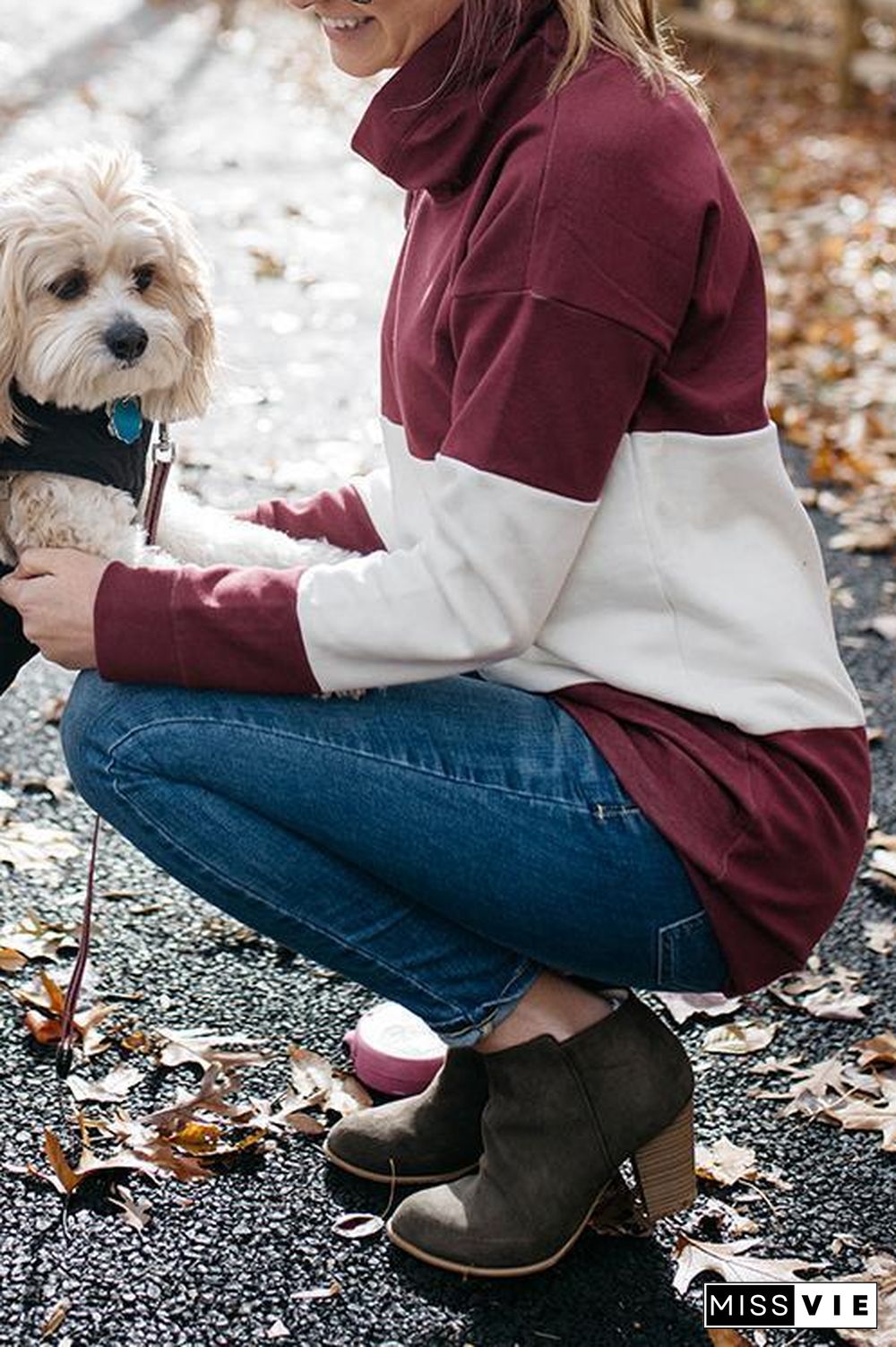 Chic Color-lump Patchwork Wine Red Hoodie