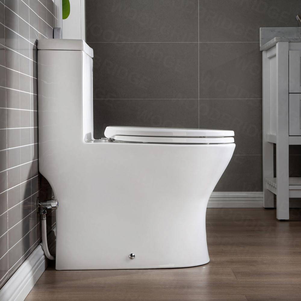 WOODBRIDGE Brick 1-Piece 1.11.6 GPF High Efficiency Dual Flush All-In-One Round Toilet in White with Soft Closed Seat Included HB0500-A