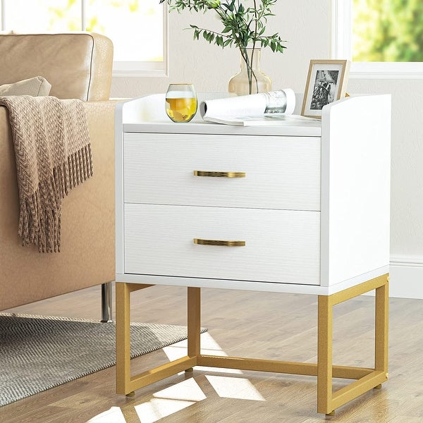 White and Gold Nightstand Bedside Table with 2 Drawers