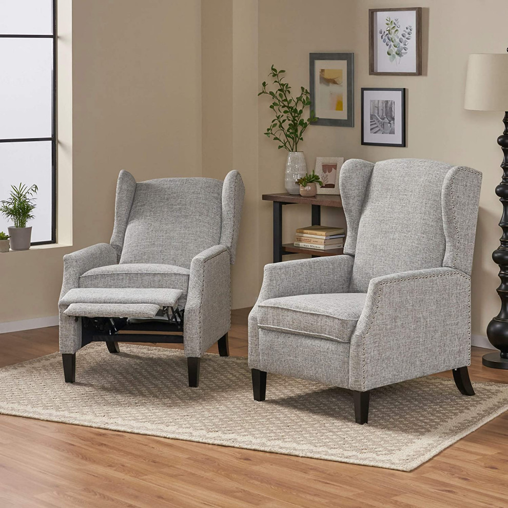 Set of 2 Recliner Chair  Wingback Design With Nailhead Trim Accents  Light Grey   Transitional   Recliner Chairs   by Declusia  Houzz