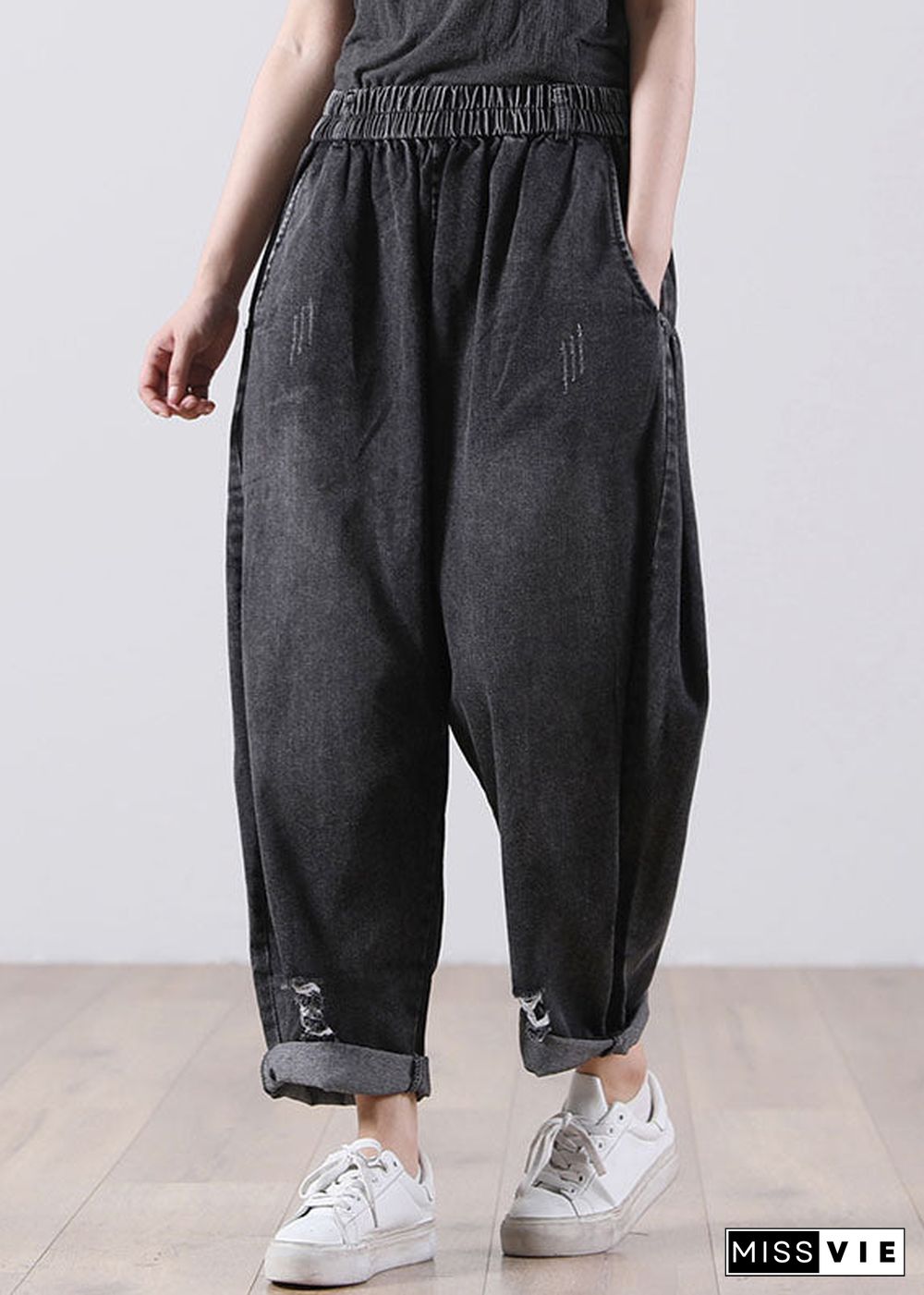 Black Pockets Cotton Denim Harem Pants High Waist Hole Fall