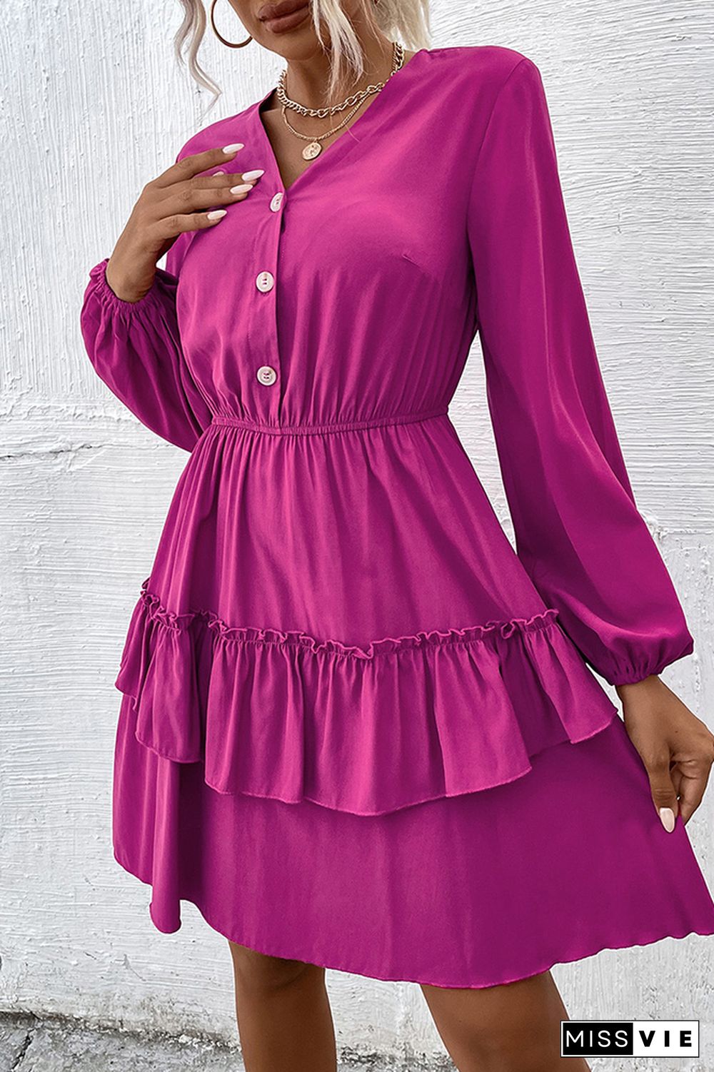 Rose V Neck Button Down High Waist Tiered Midi Dress