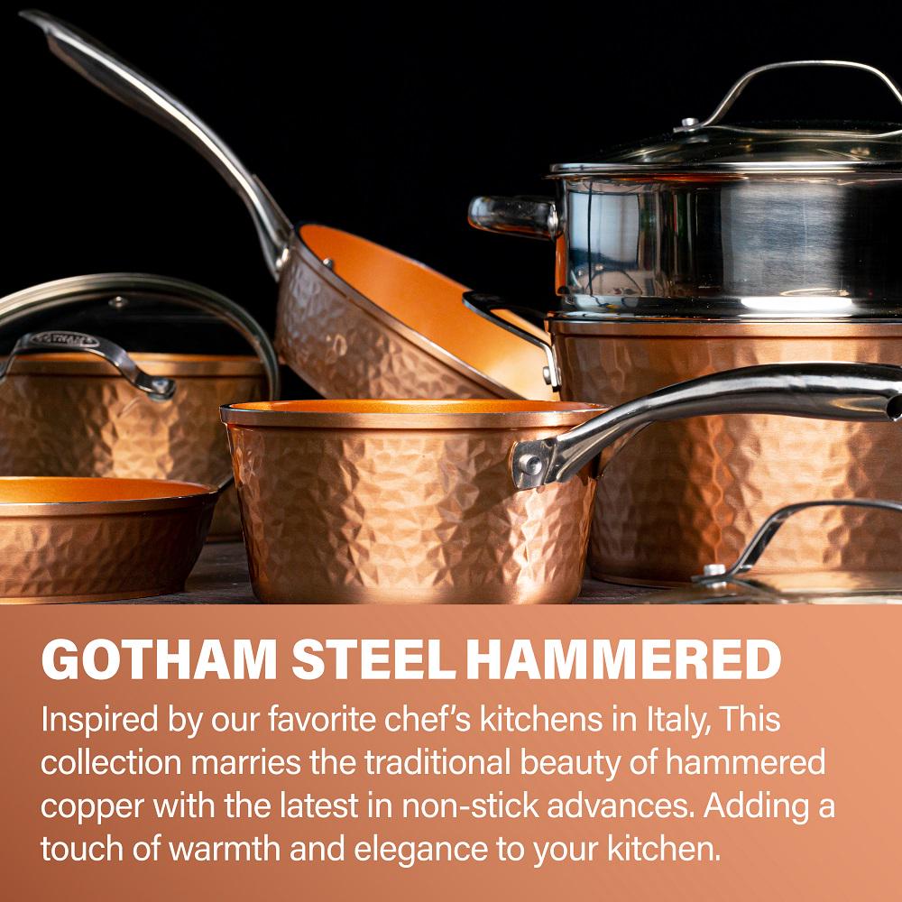 Gotham Steel Hammered Collection Pots and Pans Set， 15-Piece Premium Cookware and Bakeware Set， Non-Stick， Includes Fry Pans， Stock Pots， Bakeware Set and More， Copper