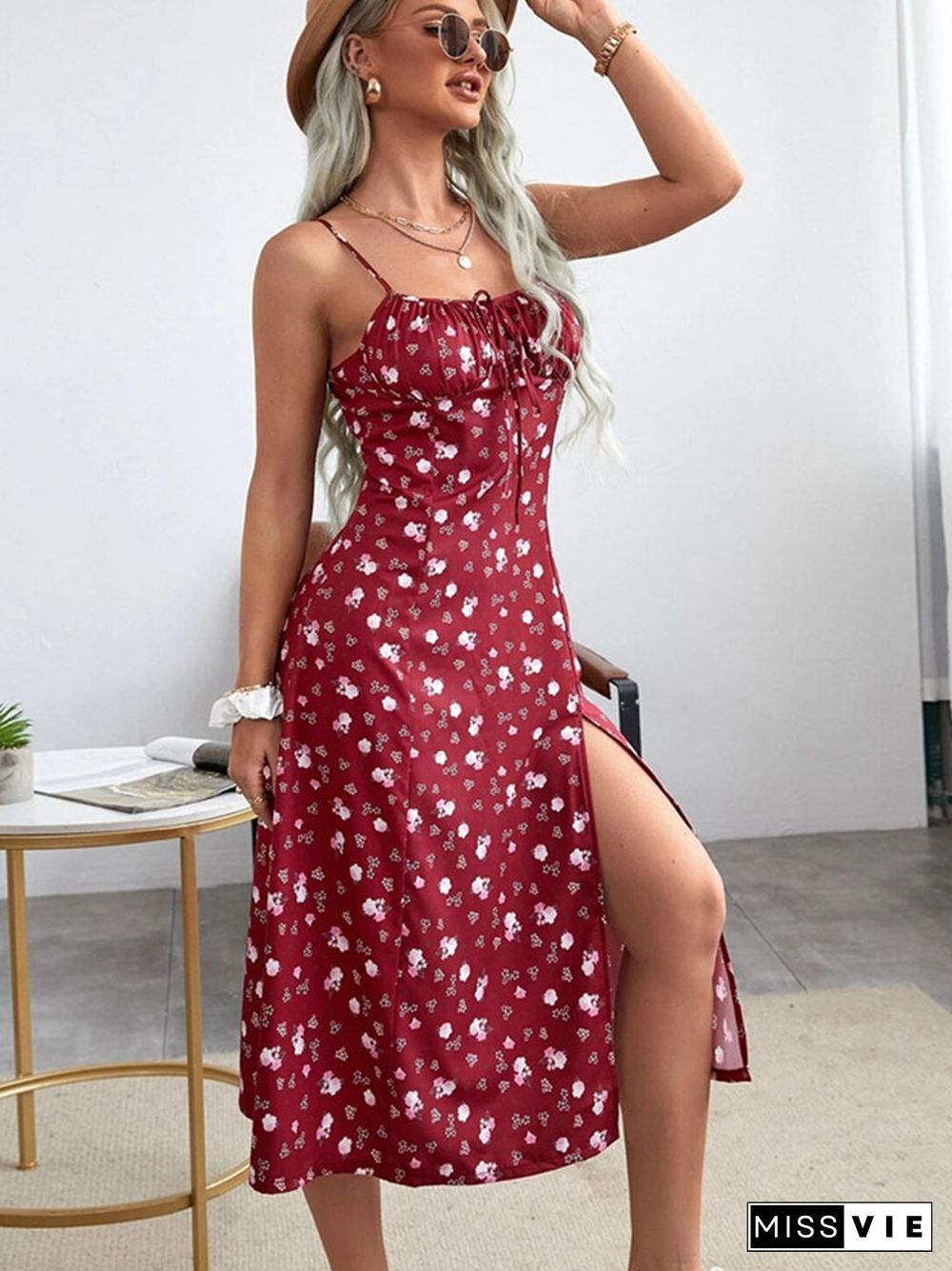 Elegant Women Floral Sundress Dress Backless Spaghetti Strap Midi High Split Sexy Dresses For Women Summer Holiday Clothing