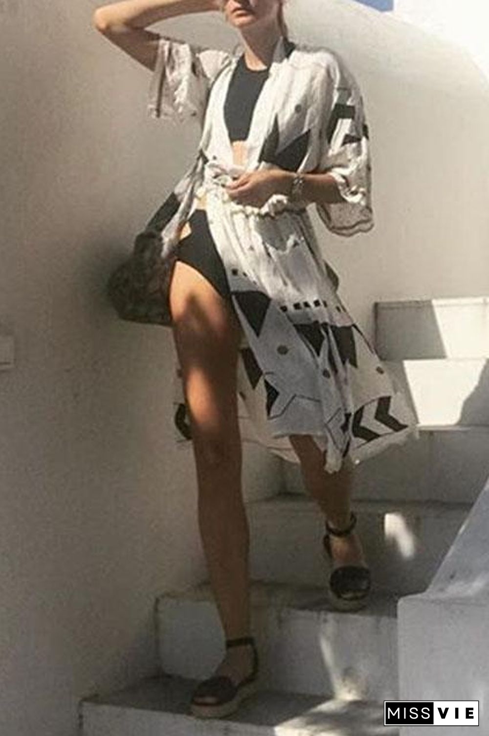 White Geometric Print Drawstring Slit Sexy Beach Cover Up Kimono