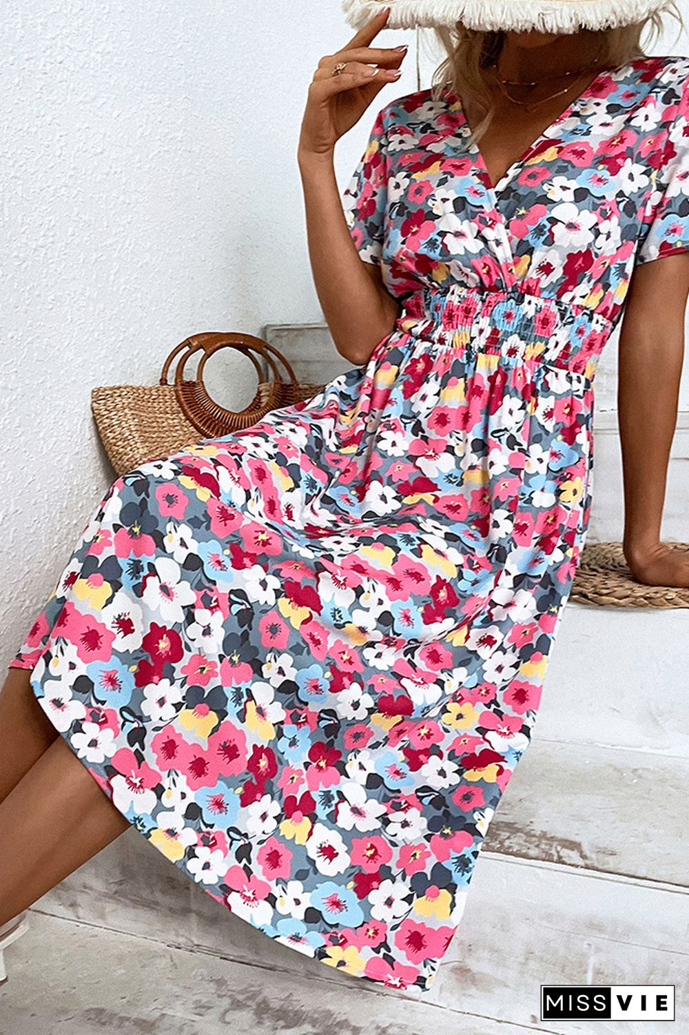 V Neck Smocked Waist Midi Floral Dress