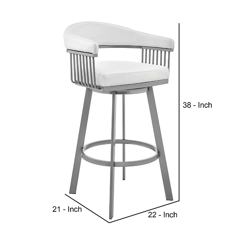 Swivel Barstool with Open Metal Frame and Slatted Arms， White and Silver