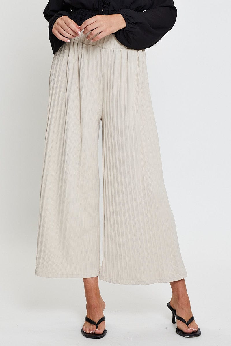 Beige Ribbed Pants High Rise Wide Leg