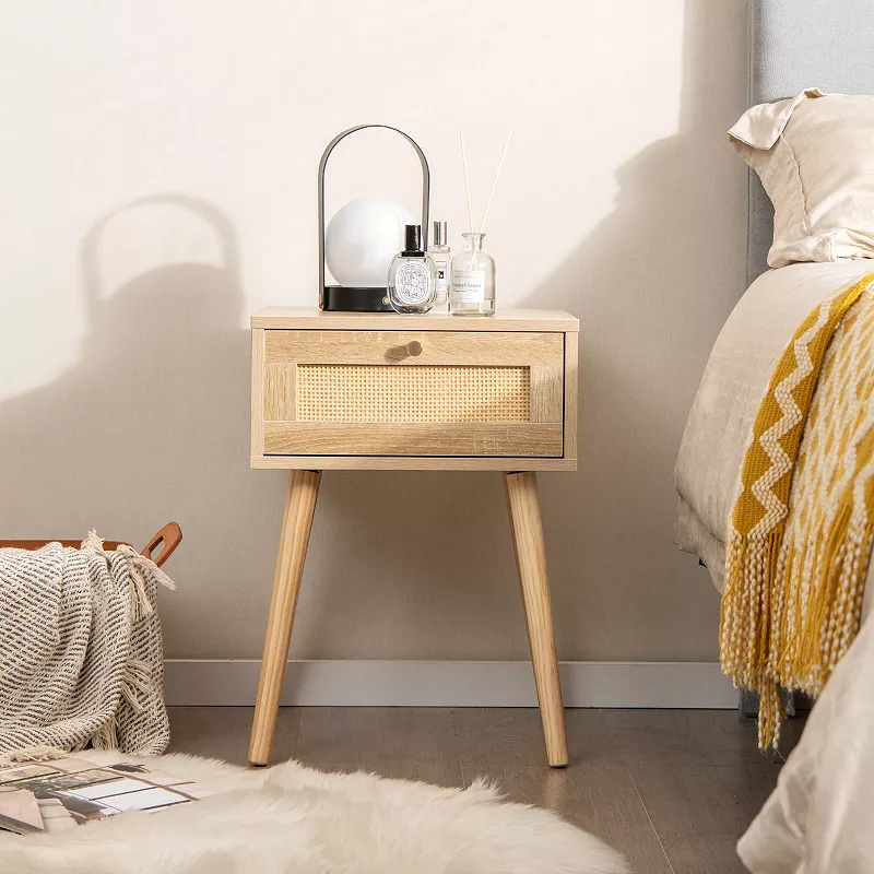 Modern Rattan Nightstand with Drawer and Solid Wood Legs for Bedroom and Living Room