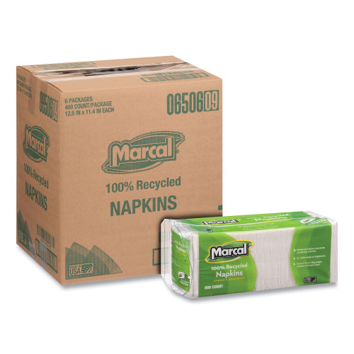 Marcal 100% Recycled Luncheon Napkins， 11.4 x 12.5， White， 400/Pack， 6PK/CT (6506)