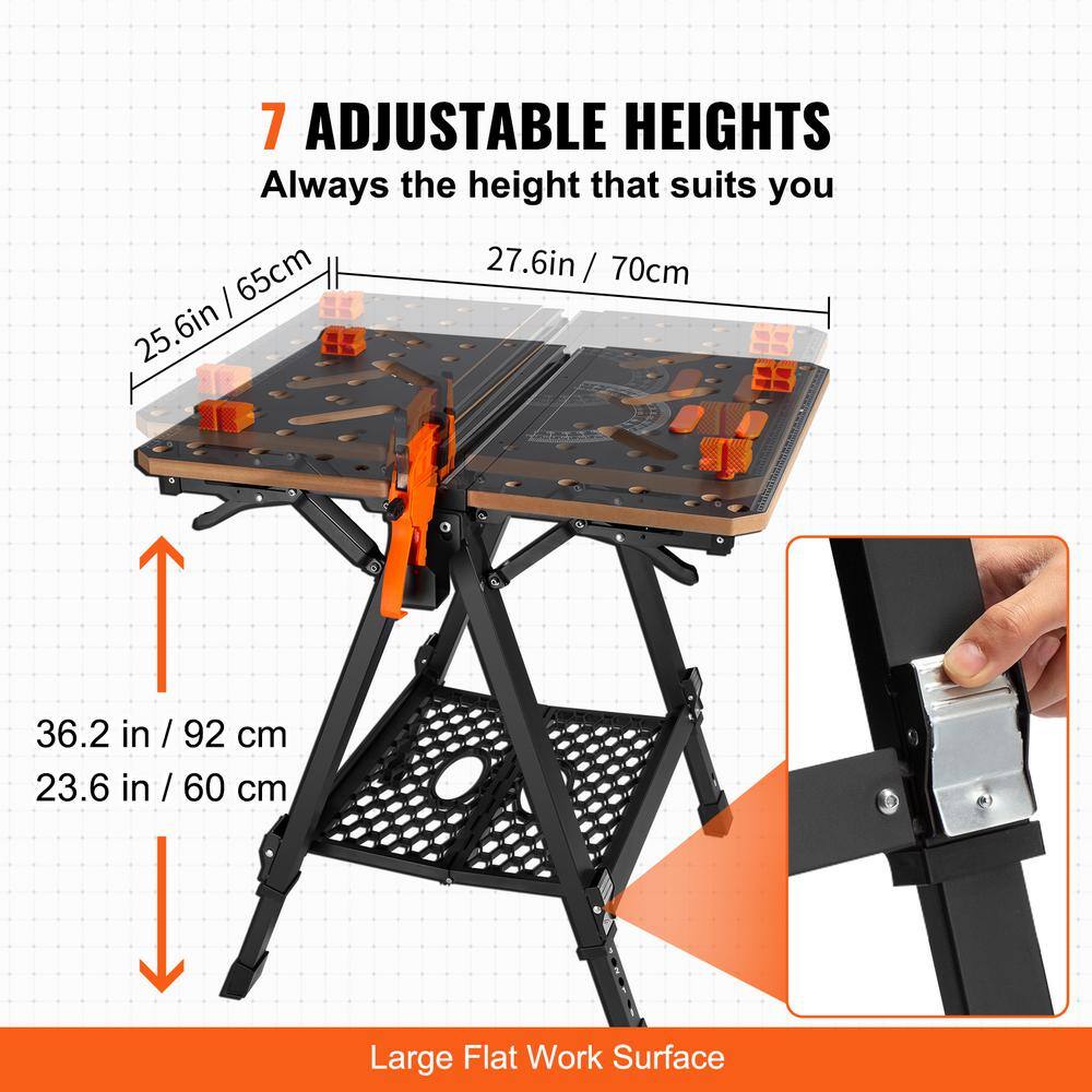 VEVOR 27.6 in. L x 25.6 in. W 2-In-1 Sawhorse Workbench 1000 lbs. Folding Work Table 7 Heights Foldable Stand with Wood Clamp B454KG70X65CM9NVGV0