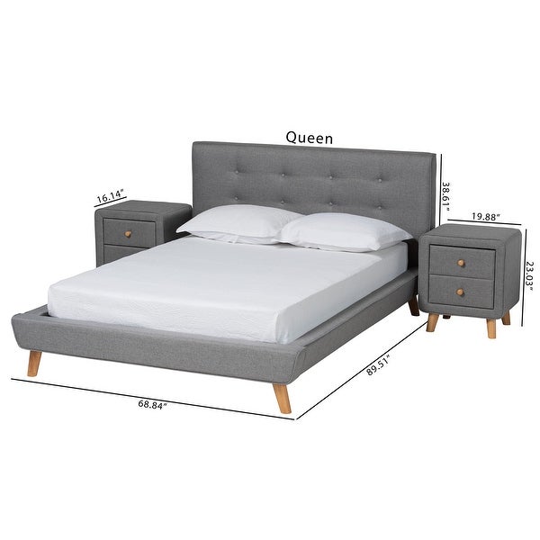 Jonesy Mid-Century Modern and Transitional 3-Piece Bedroom Set with Grey Fabric Upholstered bed - - 36356197