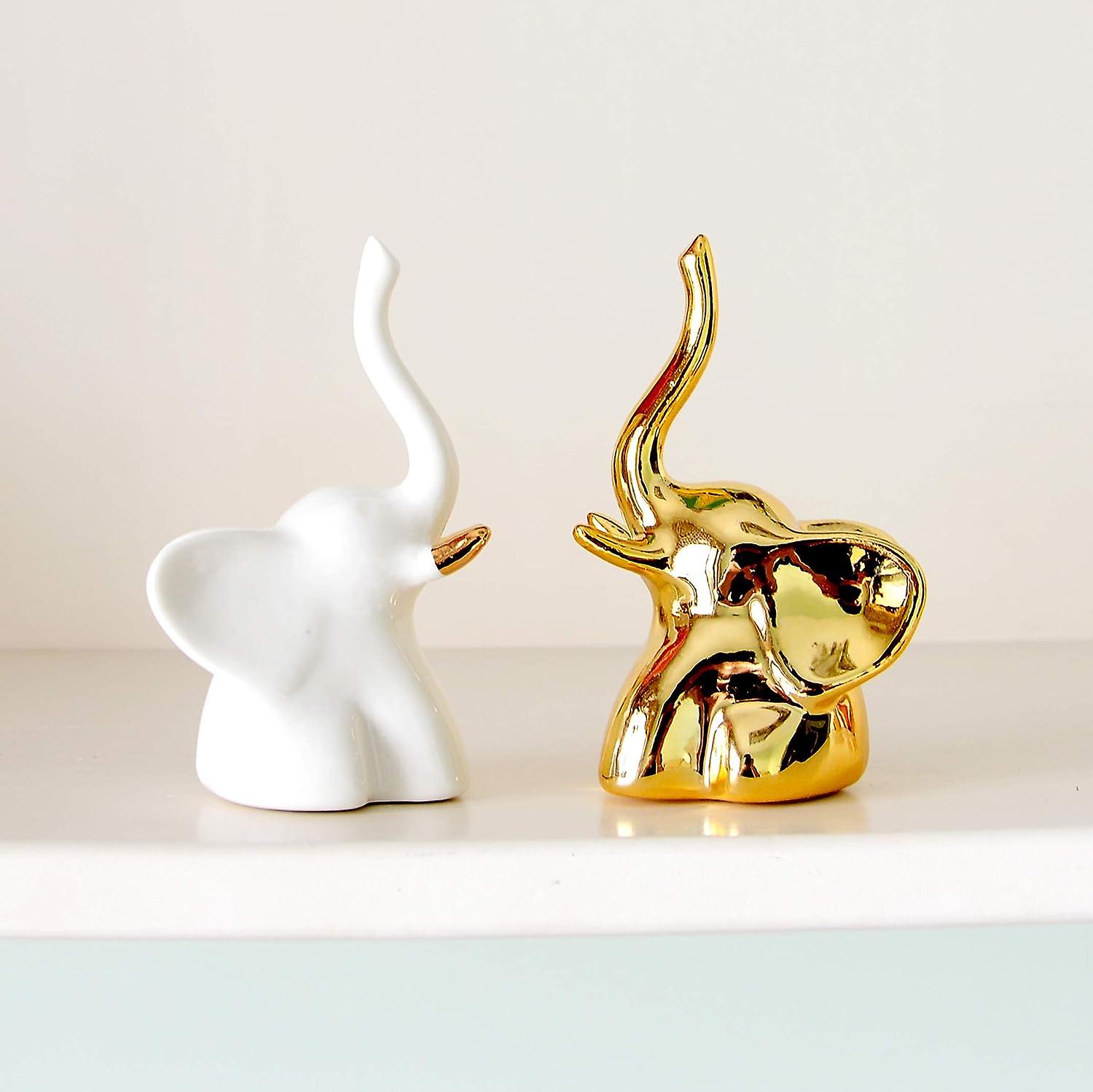 Home Decor Elephant Statues，1 Pair， Small Decorative Accents For Shelves， Livingroom And Bedroom， Gold And White