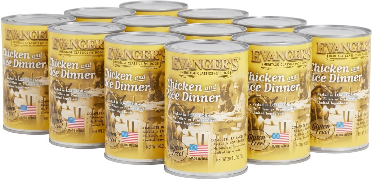 Evanger's Chicken and Rice Dinner Gluten-Free Wet Dog Food， 20.2-oz can， case of 12