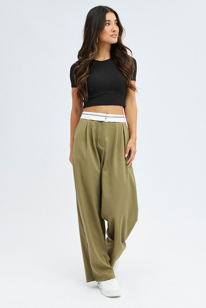 Green Wide Leg Pants Turn Down Waist Low Rise