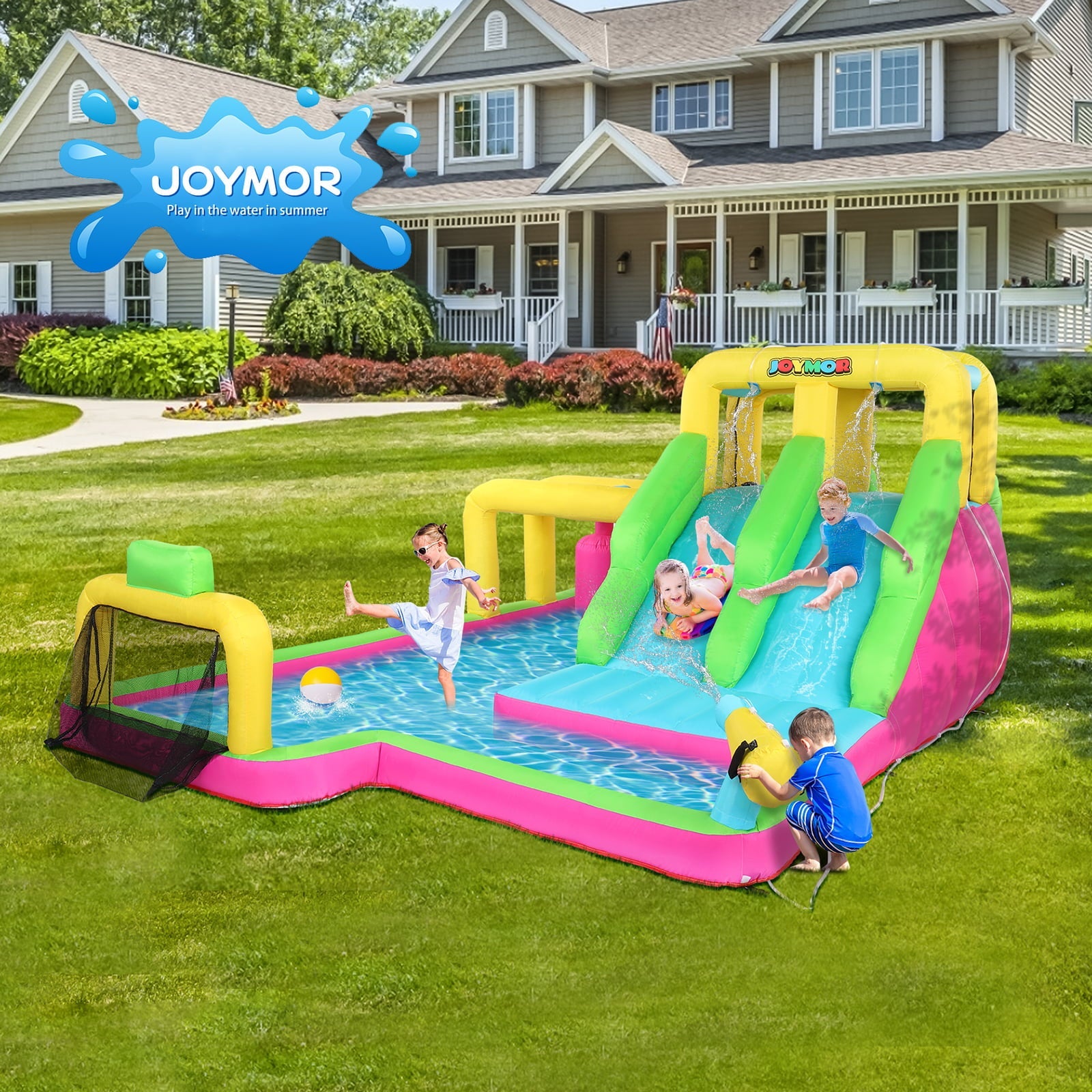 JOYMOR 6-in-1 Inflatable Double Water Slide Park for Kids Backyard, Bounce House w/ Obstacle Crossing, Ball Net, Climbing Wall, Water Gun, Bouncer Castle Outdoor Playhouse (Included Blower)