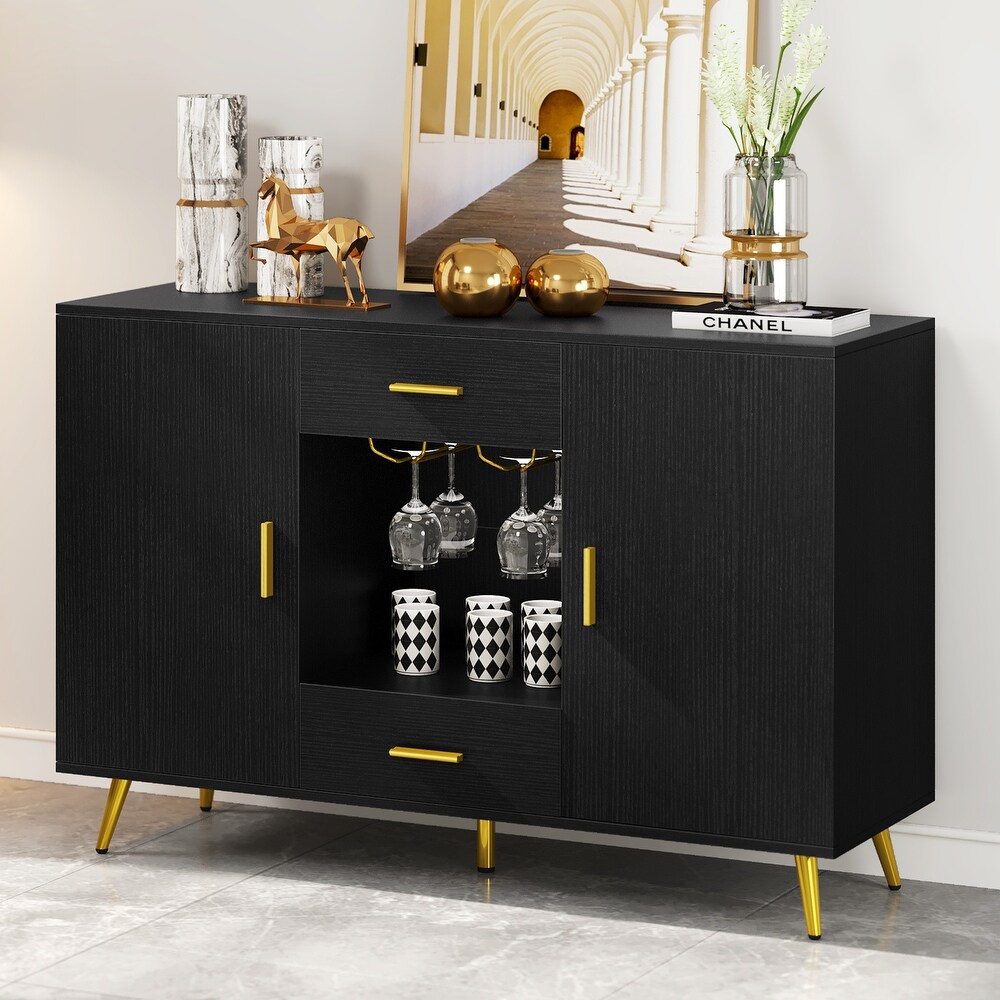 Modern Wood Buffet Cabinet Sideboard Buffet with Storage Adjustable Shelf Wine Glass Holder