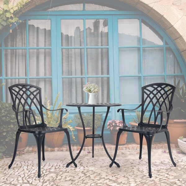 3 Piece Cast Aluminum Outdoor Patio Furniture Bistro Table Set with Umbrella Hole for Patio Balcony