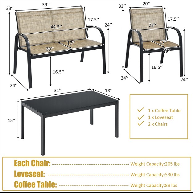 Costway 4 Pcs Patio Furniture Set Sofa Coffee Table Steel Frame Garden Brown