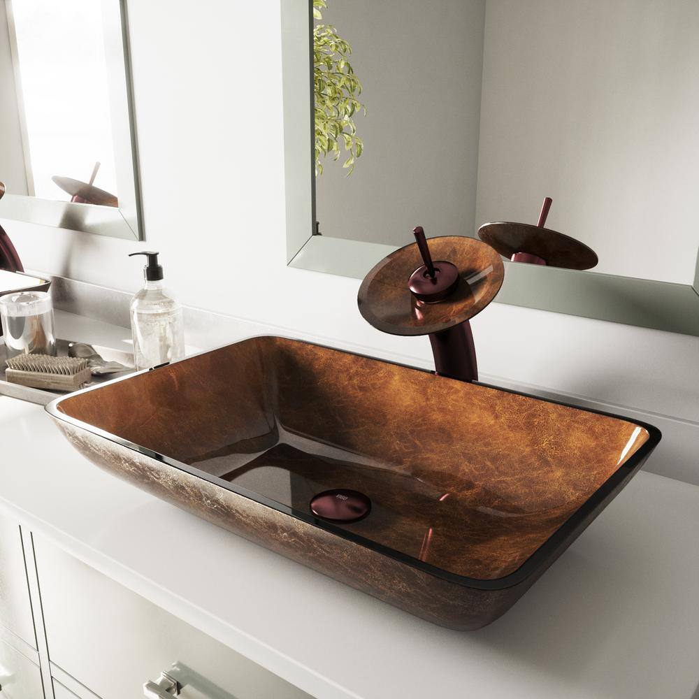 VIGO Donatello Artistic Chocolate Brown Glass 22 in. L x 15 in. W x 5 in. H Rectangular Vessel Bathroom Sink VG07047