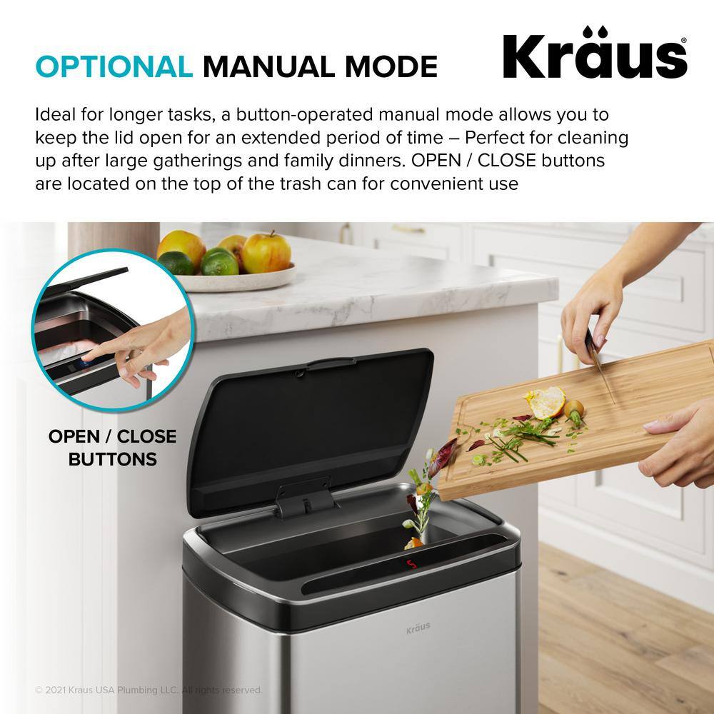 KRAUS Garbage Pro Rectangular 13 Gal. Motion Sensor Trash Can in Stainless Steel with Soft Shut Lid KTCS-10SS