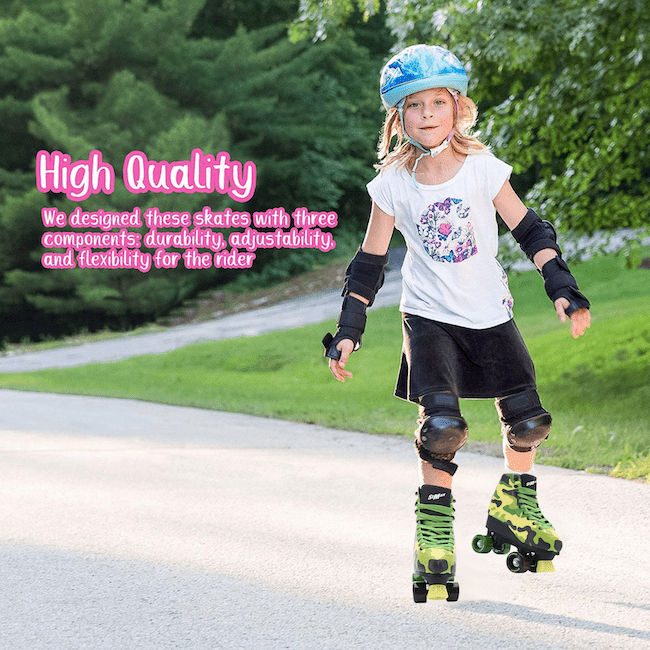 Roller Skates for Girls Boys Size 5 Green Camo for Kids Quad Derby Light with Adjustable Lace System Outdoor rollerskates Girl 4-Wheels Blades Indoor Classic Youth Toddler ABEC-7 37