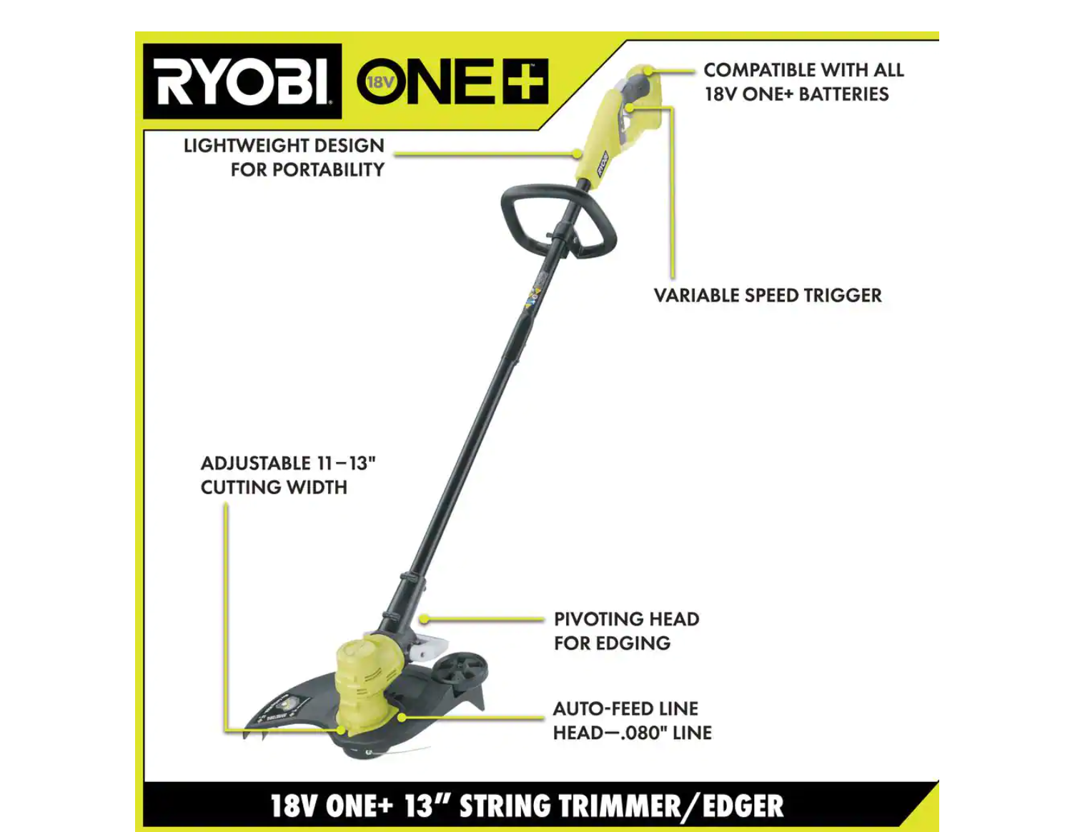 RYOBI P20140VNM ONE+ 18V 13 in. Cordless Battery String Trimmer/Edger with 4.0 Ah Battery and Charger