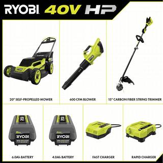 RYOBI 40V HP Brushless 20 in. Cordless Battery Walk Behind Self-Propelled Mower Trimmer Blower with Batteries and Chargers RY401180-3X