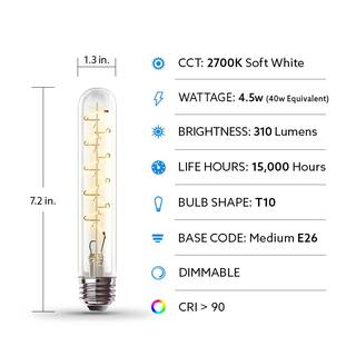 Feit Electric 40-Watt Equivalent T10 Dimmable Spiral Filament Large Clear Glass E26 Vintage Edison LED Light Bulb Soft White T10LSCL927CAHDRP