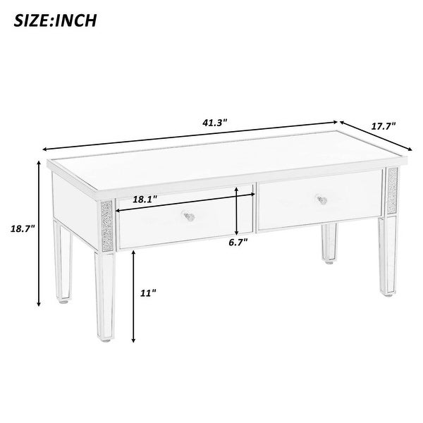 Modern Glass Mirrored Coffee Table with 2 Drawers， Cocktail Table with Crystal Handles and Adjustable Height Legs