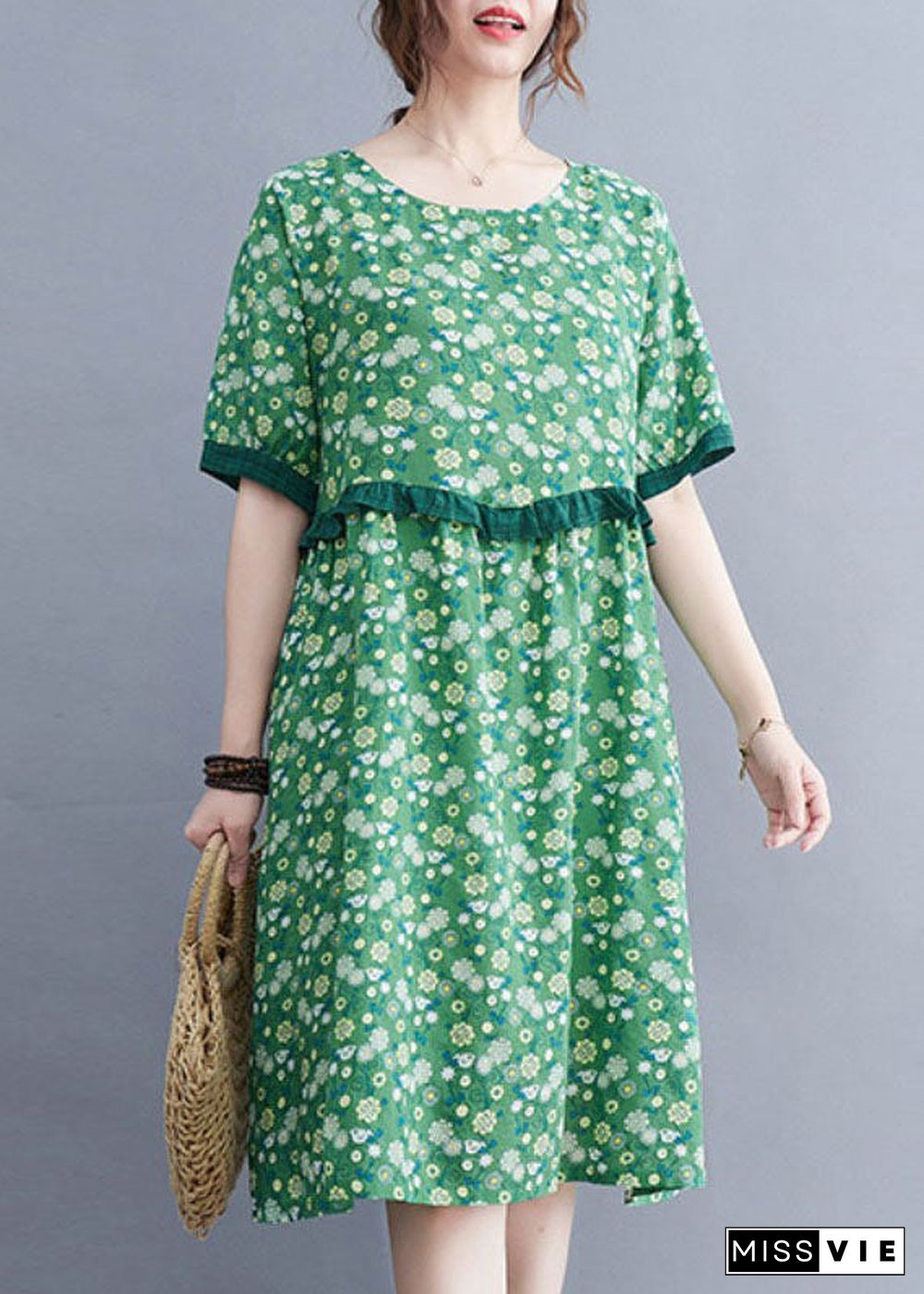 Art Green O-Neck Print Patchwork Ruffles Cotton Linen Mid Dresses Short Sleeve