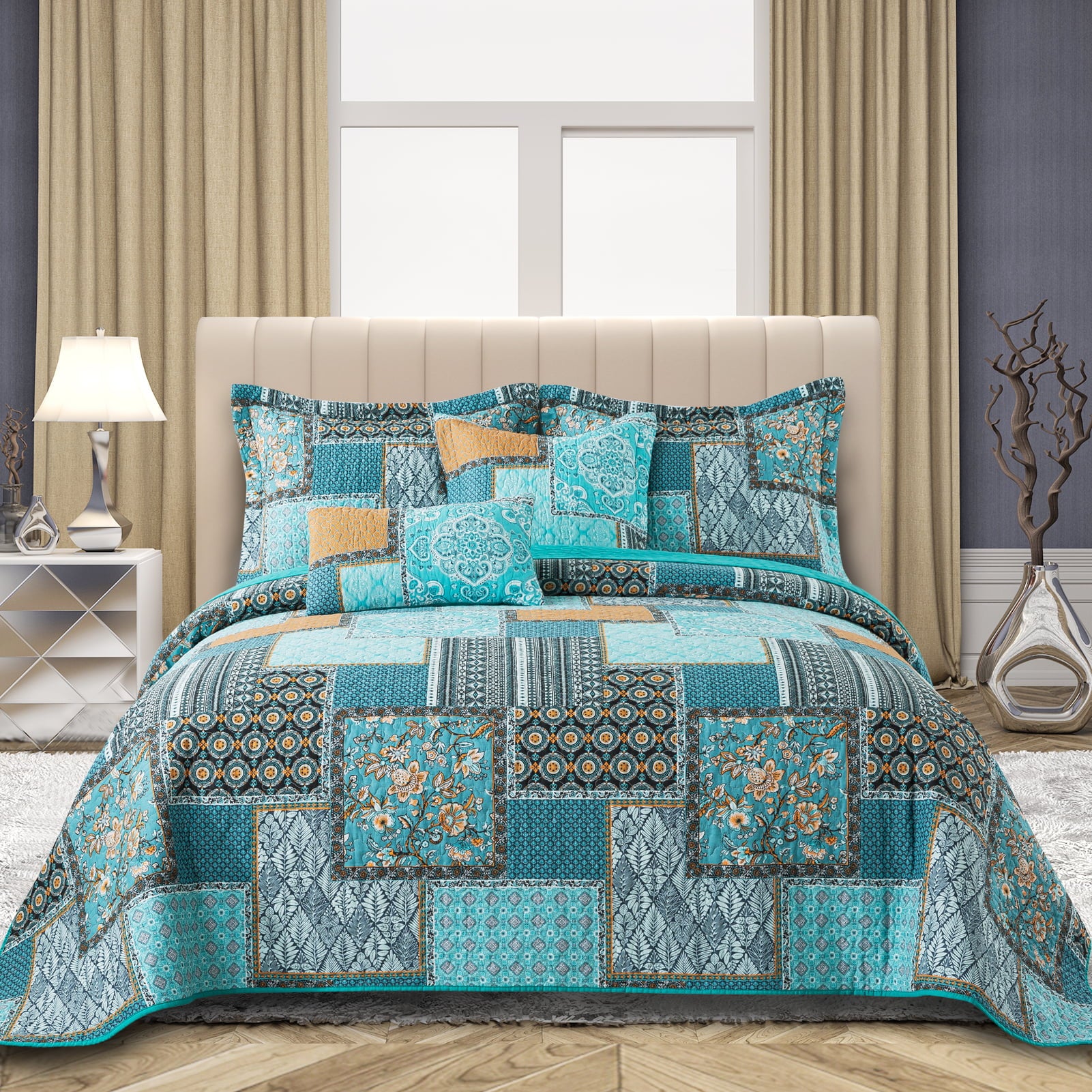 TWINRUN 3 Pieces Quilts Sets, Reversible Boho King Quilt Bedding Sets, Cotton Bedspread, Teal/Green, King Size