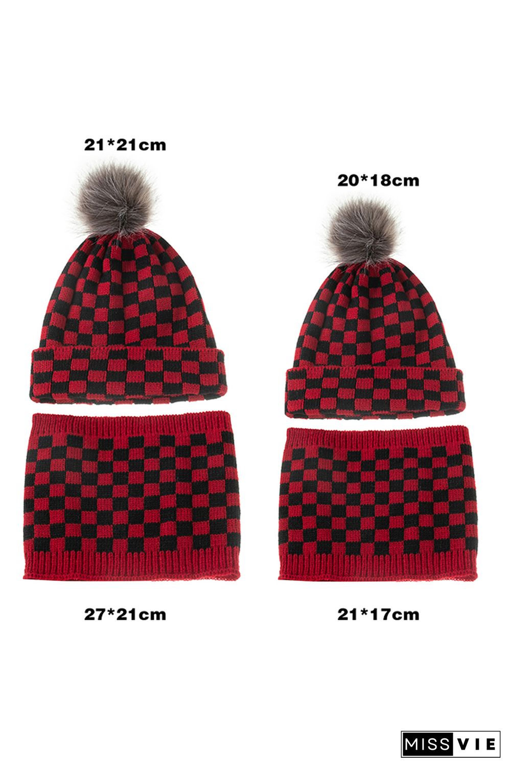 Black White Red Plaid Parent-child Knitted Hat & Scarf 4pcs Set Wholesale MOQ3pcs