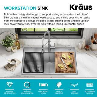 KRAUS Loften 33 in. Drop-inUndermount Double Bowl Stainless Steel Kitchen Workstation Sink with Faucet and Accessories KWT302-3318-1610SFS