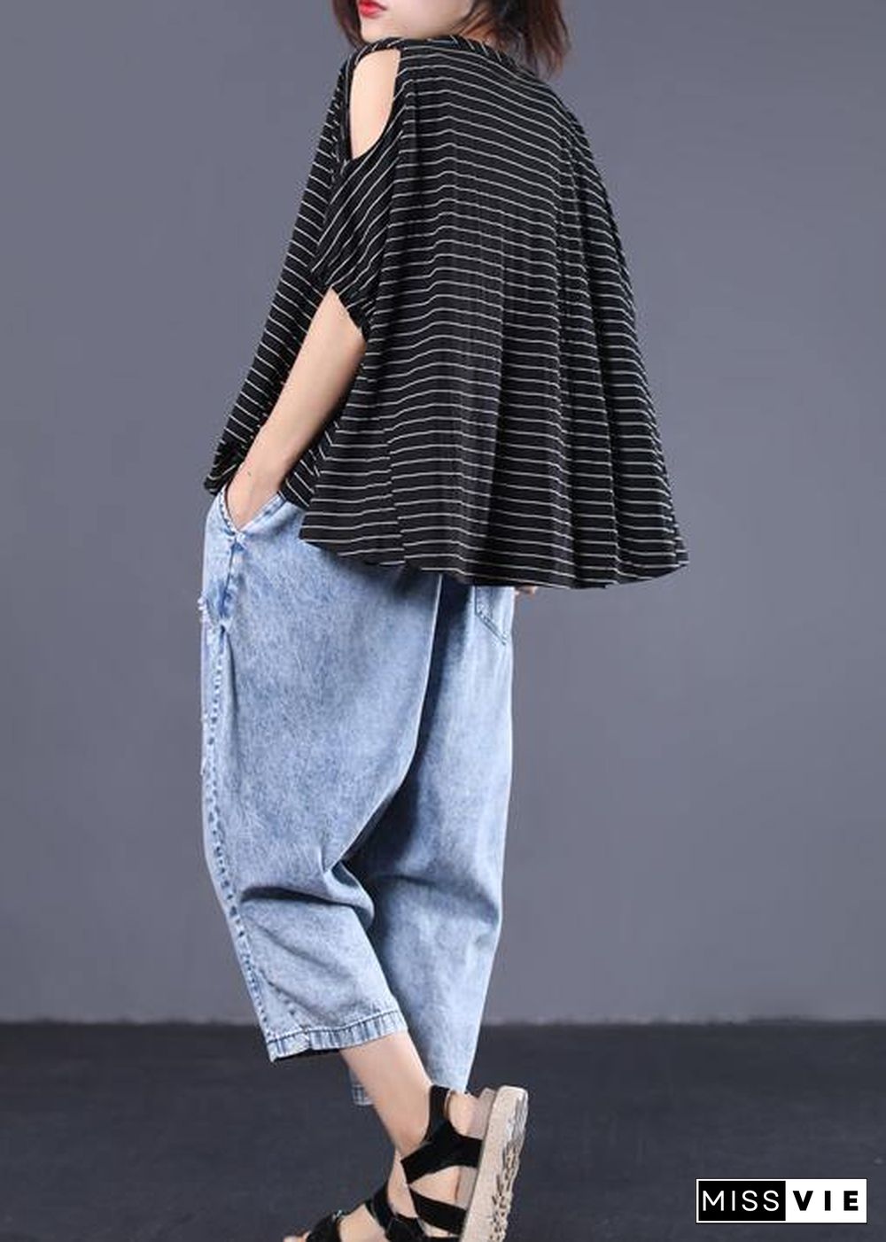 Women black striped cotton clothes off the shoulder Plus Size Clothing summer top