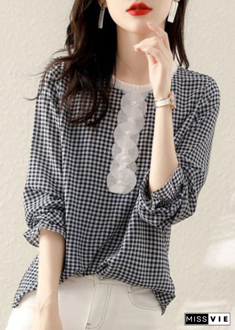 French Black Ruffled Plaid Cotton Shirt Spring