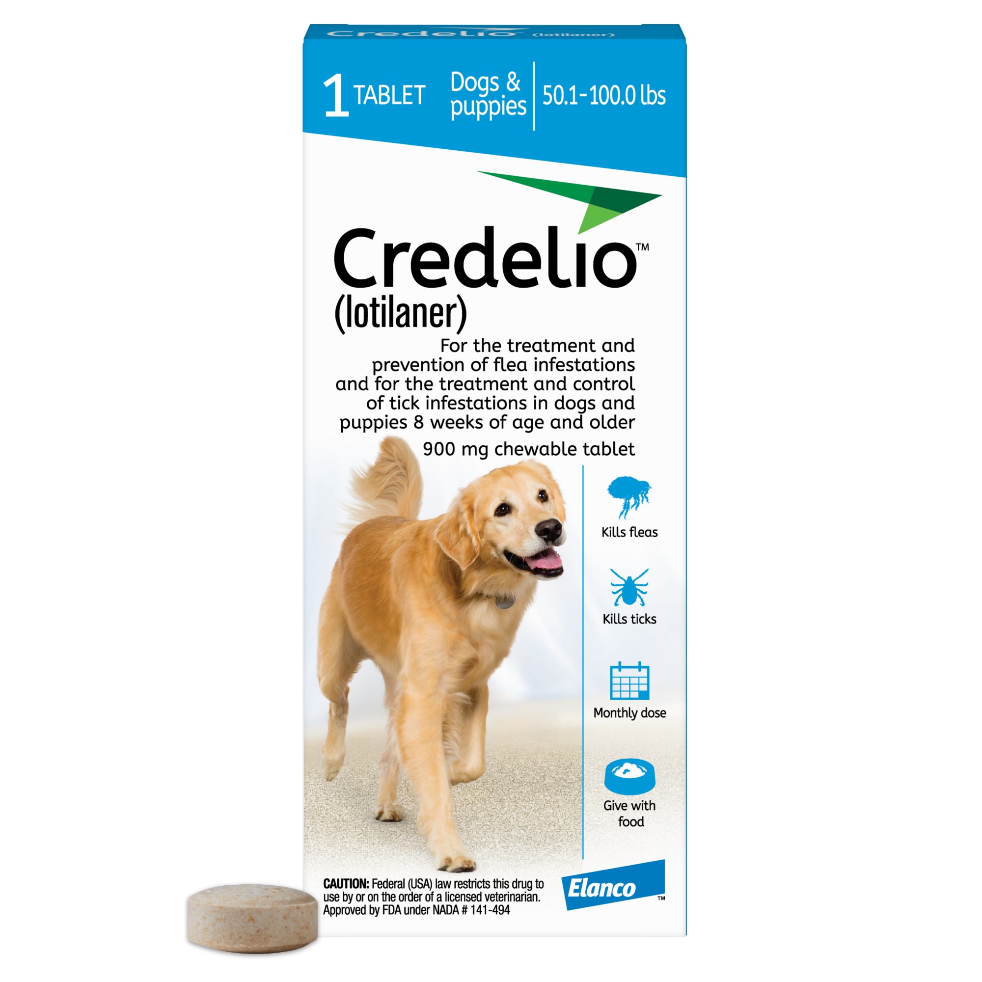 Credelio Chewable Tablet for Dogs 50.1-100 lbs， 1 Month Supply