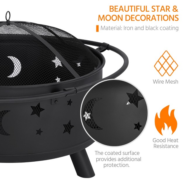 Outdoor Fire Pit Set Heating Warm Equipment Including Poker Mesh Cover With Stars Moons Pattern Black