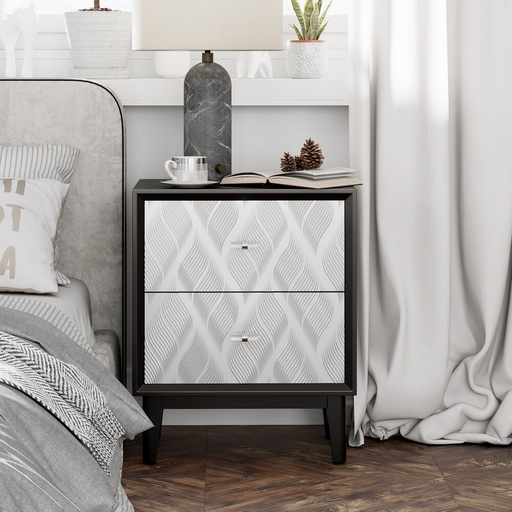 COZAYH Modern Nightstand with 3D Curved Motif  Acrylic Handles  Small Wood End Table Black Nightstand Bedside Table for Bedroom