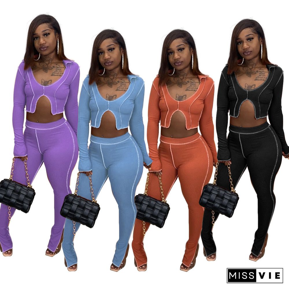 Article Pit Crop Top And Slit Flared Pants 2 Piece Set