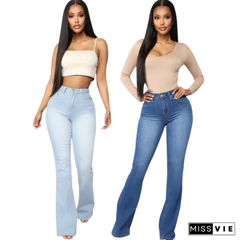 High Waist Full Length Slim Flare Jeans Pants