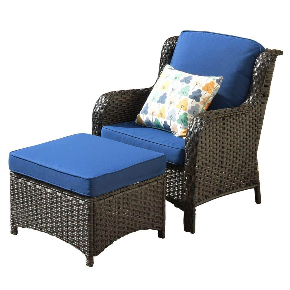 OVIOS New Kenard Brown 5-Piece Wicker Outdoor Patio Conversation Seating Set with Navy Blue Cushions NTC700