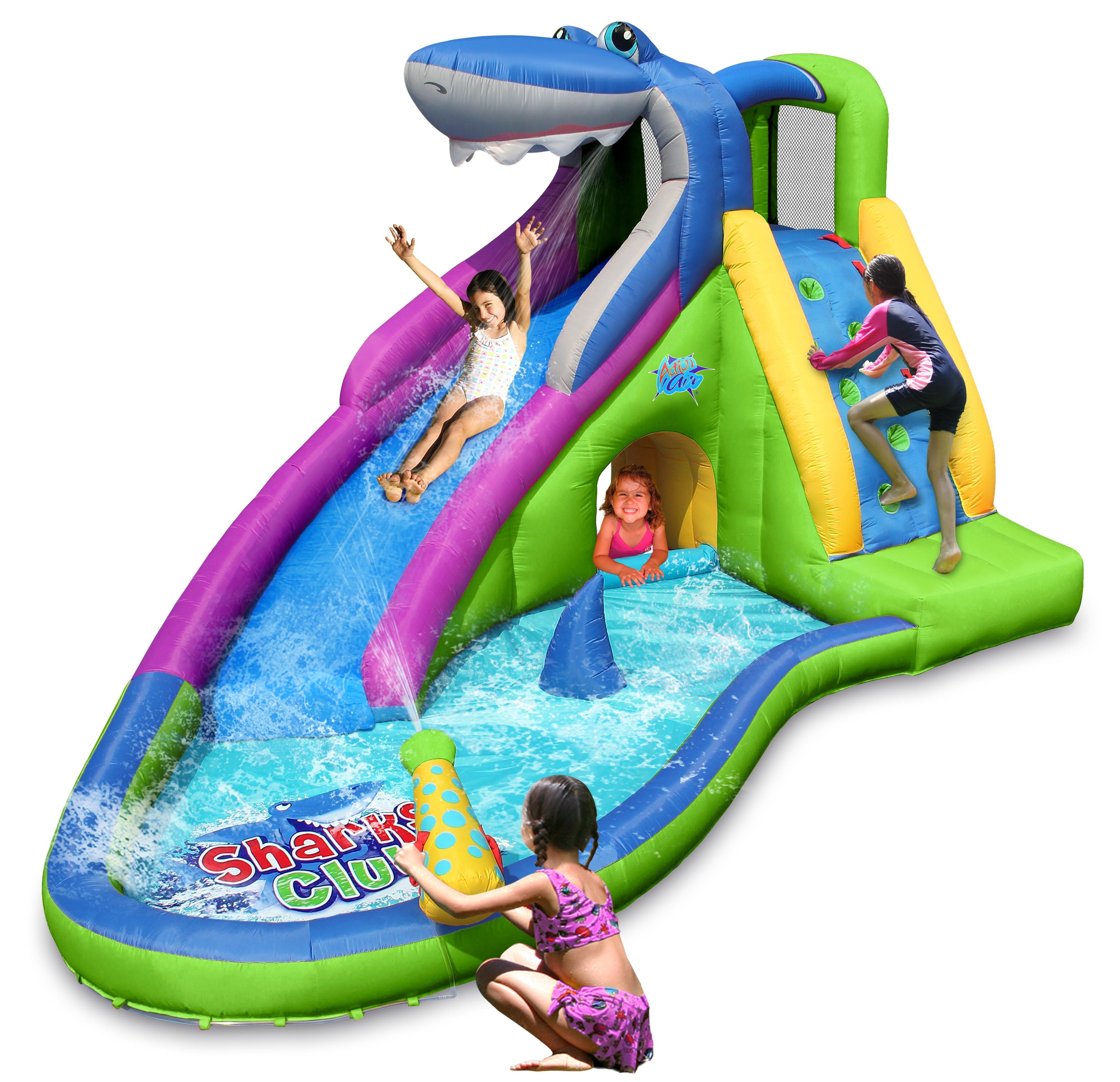 ACTION AIR Inflatable Water Slide, Backyard 15' Bounce House with Water Gun and Splash Pool for Wet and Dry Play, Christmas Gift Idea for Kids