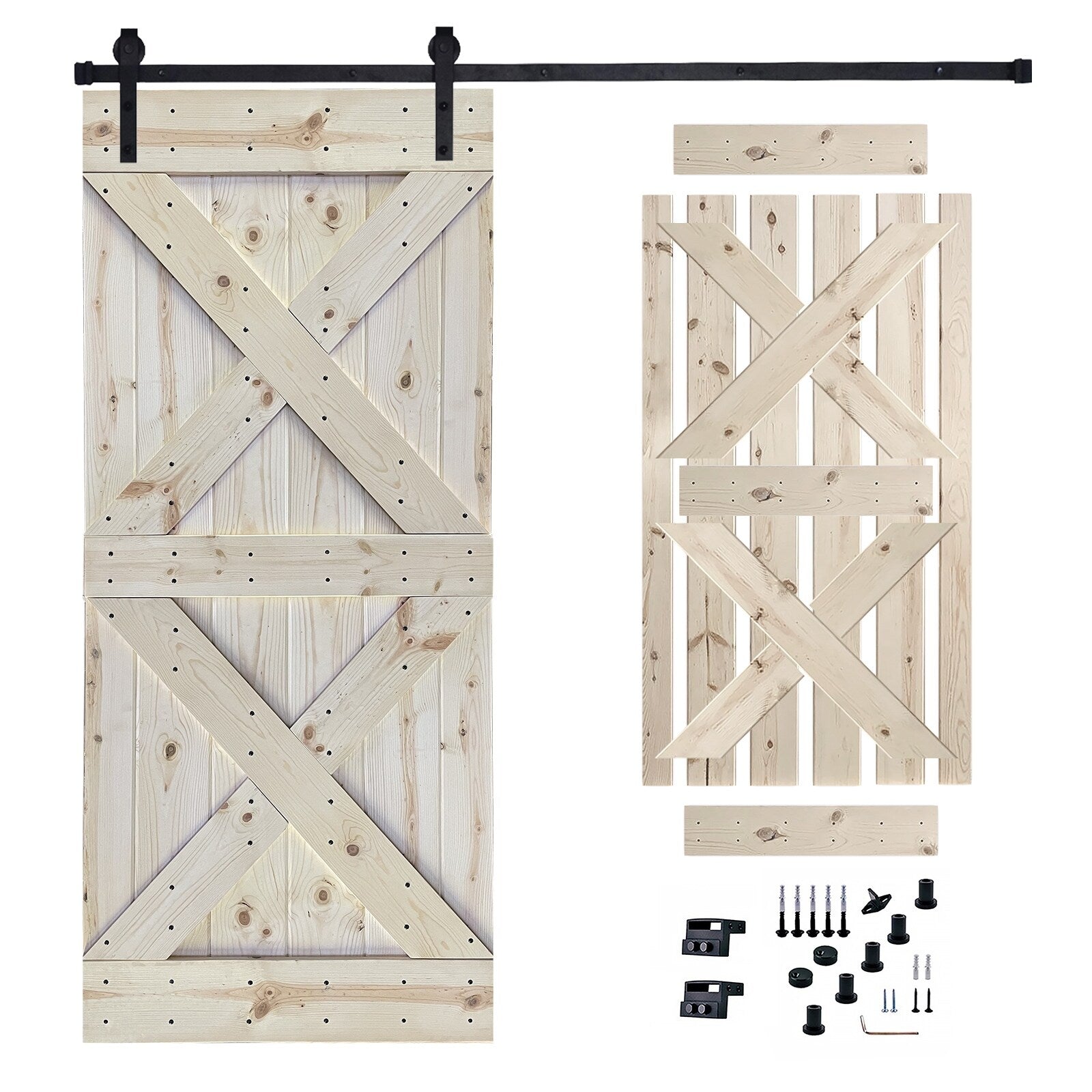 Sliding Barn Wood Door with Hardware Kit， Pre-Drilled to Assemble， Solid Interior Knotty Pine Wood Painted Single Door， X Shape Unfinished 36