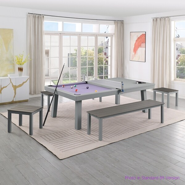 Newport Outdoor Patio 7ft Slate Pool Table 6Seater Dining Set with 4 Benches and Accessories，Cement Finish