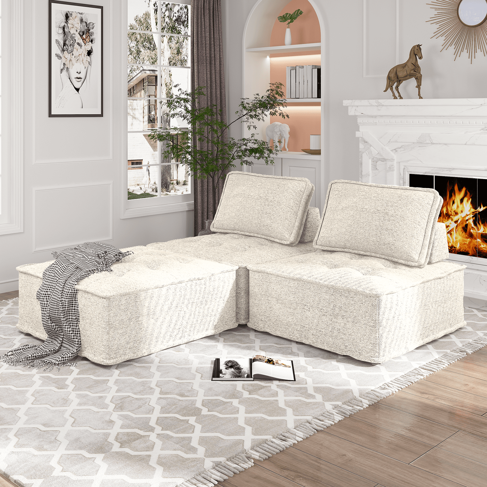 MUZZ Free Combination Sectional Sofa, 3 Seater Sofa Couch with Modern Fabric and Soft Cotton, Modular Armless Sectional Sofa Couch for Living Room, Bedroom (Beige, 3PCS)